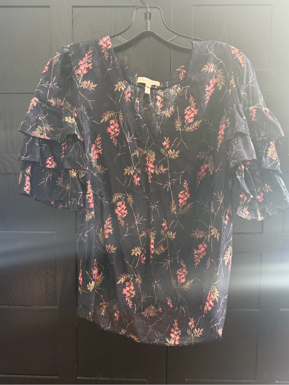 Rebecca Taylor Women's Navy Floral Ruffle Sleeve Top - Navy with Pink Floral
